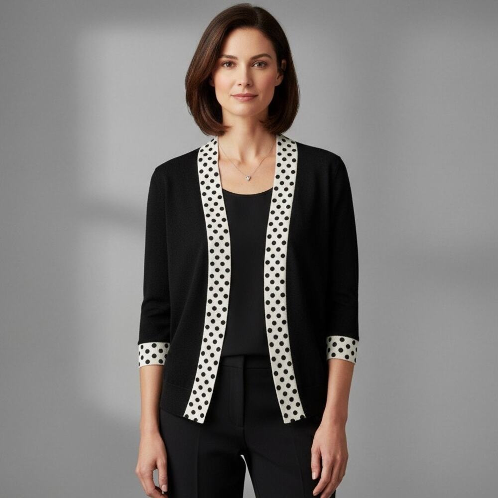 Designers Originals Open-Front Polka Dot Cardigan Sweater Size Large Black White